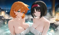 2girls ai_generated alternative_bust_size aqua_eyes asymmetrical_docking bangs bare_shoulders bathing black_hair blush breast-to-breast breast_press breasts brown_eyes clavicle cleavage closed_mouth clothing erika_(pokemon) female green_eyes hairband headwear kasumi_(pokemon) landscape lantern large_breasts looking_at_viewer misty_(pokemon_hgss) multiple_girls naked_towel night night_sky onsen orange_hair outdoors parted_lips partially_submerged pokemon pokemon_character red_hairband rock same-sex_bathing shared_bathing short_hair sky smile steam towel upper_body water wet