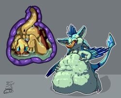 4_ears anthro anthro_pred anthro_prey anus avali balls blue_body blue_eyes blue_feathers bodily_fluids bound countershading crested_gecko dewclaw digitigrade feathered_crest feathered_wings feathers female female_pred gecko genitals green_body gyrotech hands_tied head_crest internal lizard luvashi male male_prey multi_ear neck_bulge oral_vore organs penis reptile scalie silent_e size_difference smaller_pred stomach stomach_acid stomach_bulge theo_crest vore winged_arms wings