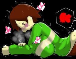 big_ass big_breasts blush breasts brown_hair chara determination enigi09 female female_chara frisk from_behind heart-shaped_pupils implied_sex male male_frisk out_of_frame sweat sweater undertale