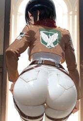 1girls ai_generated ass ass_focus attack_on_titan big_breasts black_eyes black_hair civitai clothed clothing female female_only from_behind huge_ass looking_back mikasa_ackerman panty_lines shingeki_no_kyojin short_hair solo thick_ass thick_thighs tight_clothing
