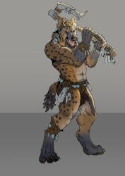 4_toes 5_fingers anthro athletic athletic_anthro athletic_male axe balls black_nose brown_body brown_fur brown_hair ear_piercing ear_ring erection facial_piercing fangs feet fingers fur genitals gnoll hair hi_res hindpaw holding_axe holding_object hoop_ear_ring humanoid_hands hyena male mammal markings mostly_nude mostly_nude_anthro mostly_nude_male nose_piercing nose_ring paws penis piercing ravenousgnoll_(artist) ring_piercing septum_piercing septum_ring solo spots spotted_body spotted_fur teeth toes tongue tribal