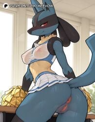 (cheerleading) (creature) 1girls ai_generated animal_ears anthro anus ass black_thighhighs blush breasts cheerleader closed_mouth covered_nipples crop_top female from_behind furry furry_female holding holding_pom_poms indoors jackal looking_at_viewer looking_back lucario medium_breasts meevow microskirt midriff miniskirt multicolored_fur nipples no_panties nose_blush patreon_username pleated_skirt pokemon pom_pom pussy red_eyes see-through shirt skirt smile snout solo spikes sweat tail thighhighs uncensored watermark web_address white_skirt yellow_fur