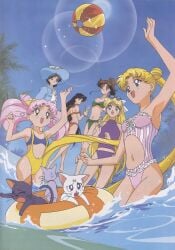 1990s_(style) 6+girls 6girls alluring ami_mizuno artemis_(sailor_moon) ball beach beachball bikini bishoujo_senshi_sailor_moon bishoujo_senshi_sailor_moon_supers black_cat black_hair blonde_hair blue_eyes blue_hair bow breasts brown_hair chibi_usa cleavage cone_hair_bun crescent crescent_facial_mark day diana_(sailor_moon) double_bun earrings everyone facial_mark feline female food green_eyes hair_bobbles hair_bun hair_ornament hairbow hat high_res ice_cream innertube jewelry long_hair luna_(sailor_moon) makoto_kino midriff minako_aino multiple_girls navel official_art open_mouth pink_hair ponytail red_eyes rei_hino retro_artstyle sailor_chibi_moon sailor_jupiter sailor_mars sailor_mercury sailor_moon sailor_moon_super_s sailor_venus scan short_hair sky smile striped_bikini striped_clothes sunglasses swim_ring swimsuit toei_animation twintails usagi_tsukino vertical-striped_bikini vertical-striped_clothes very_long_hair water