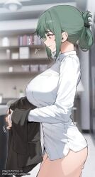 blurry blurry_background breasts fanbox_username female green_hair highres indoors jjune large_breasts looking_down mole mole_under_mouth naked_shirt original patreon_username pussy pussy_juice red_eyes shirt short_hair solo standing thighs white_shirt