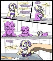 blonde_hair chabble ditto ditto_(pokemon) fangs green_eyes indeedee just_the_tip limbless lusamine_(pokemon) no_limbs onahole onahole_transformation pokemon pokemon_(species) pokemon_sm purple_body transformation transformation_sequence