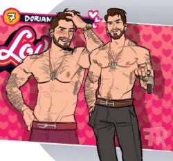 (trap)dorian arm_tattoo arm_tattoos beard belt belt_buckle black_pants blush blush_lines blushing_at_viewer brown_eyes brown_eyes_male brown_hair brown_hair_male date_everything dorian_(date_everything) gameplay_mechanics hairy hairy_armpits hairy_chest hairy_male happy_trail key_necklace male male_only microphone_wire rusticfurnace shoulder_tattoo strip strip_game strip_tease tattoo tattoo_on_arm tattoo_on_shoulder tattooed_arm tattooed_shoulder tattoos title_card wristwatch
