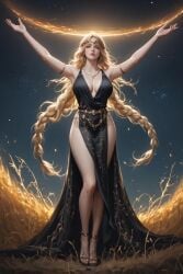 ai_generated bewitching_thighs blonde_hair breasts cleavage elden_ring full_body gold_eyes high_heels long_legs queen_marika_the_eternal thick_thighs