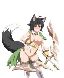 animal_ears arrow_(projectile) black_hair blush boots bow_(weapon) breasts breasts_out cape embarrassed fingerless_gloves fox_archer_(sakura_dungeon) fox_ears fox_girl fox_tail gloves highres official_art sakura_dungeon sprite tail torn_clothes transparent_background wanaca weapon yellow_eyes