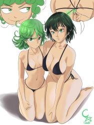 2girls bikini cockstar_studios female fubuki_(one-punch_man) hugging kneeling one-punch_man prank sisters string_bikini tatsumaki