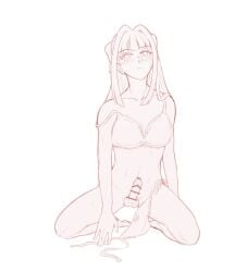 bar_censor blunt_bangs blush bra erection fti_crossgender full_body futa_only futanari gegege_no_kitarou hair_ribbon intersex kitarou_tanjou_gegege_no_nazo kneeling long_hair looking_at_viewer mole_under_eye monochrome panties penis penis_out ryuuga_sayo side-tie_panties solo