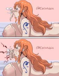 1boy1girl 1girls annoyed annoyed_face areola areolae big_breasts blowjob blowjob_face breasts breasts_focus breasts_out cocarubia cum_in_mouth fellatio female funny gear_5_luffy giantess huge_breasts large_breasts male monkey_d_luffy nami_(one_piece) one_piece orange_hair orange_hair_female size_difference size_play smaller_male sucking_penis white_hair white_hair_male