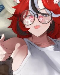 1boy 2girls ;p animal_ears armpits black_hair blue_eyes breasts censored collarbone fellatio female glasses hair_between_eyes hakos_baelz hand_on_another's_face handjob heterochromia highres hololive hololive_english hololive_english_-council- hololive_english_-promise- irys irys_(hololive) large_breasts licking licking_penis lying male mouse_ears mr_thecatman multiple_girls oerba_yun_fang on_back on_bed one_eye_closed oral penis pink_eyes pink_hair red_hair reflection round_eyewear shiny_skin shirt skin_fang tank_top thumbs_up tongue tongue_out video_call virtual_youtuber white_hair white_shirt white_tank_top