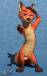 3_toes 3d_(artwork) 4_fingers absurd_res animal_genitalia anthro balls barefoot black_nose blender_(artwork) blue_background canid canine countershading digital_media_(artwork) disney english_text feet fingers fluffy fluffy_tail fox front_view fur genitals gloves_(marking) green_eyes hand_on_head hi_res looking_at_viewer male mammal markings mouth_closed nick_wilde nude on_model orange_body orange_fur penis penis_tip rasterraccoon red_fox retracted_sheath sheath short_legs simple_background solo standing tail text toes true_fox underbelly watermark zootopia