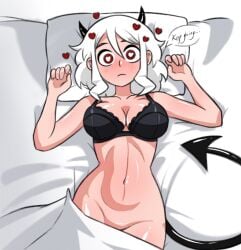 1girls blush breasts bright_pupils closed_mouth collarbone demon_horns demon_tail english_text female from_above graphicthereal groin hair_between_eyes heart heart-shaped_pupils helltaker horns large_breasts looking_at_viewer loving_aura lying medium_hair modeus_(helltaker) navel on_back on_bed red_eyes speech_bubble symbol-shaped_pupils tail white_hair white_pupils