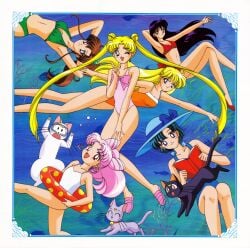 1990s_(style) 6+girls alluring arm_behind_head arm_up artemis_(sailor_moon) bikini bishoujo_senshi_sailor_moon bishoujo_senshi_sailor_moon_supers black_eyes black_hair blonde_hair blue_eyes blue_hair blue_one-piece_swimsuit book breasts brown_hair casual_one-piece_swimsuit chibi_usa cleavage closed_eyes cone_hair_bun crescent crescent_facial_mark crossed_legs diana_(sailor_moon) double_bun facial_mark feline female goggles green_one-piece_swimsuit hair_bobbles hair_bun hair_ornament hat high_ponytail high_res holding holding_book index_finger_raised innertube long_hair looking_at_viewer luna_(sailor_moon) makoto_kino midriff minako_aino multiple_girls navel official_art one-piece_bikini one-piece_swimsuit one_eye_closed open_book open_mouth orange_one-piece_swimsuit outstretched_arm pink_footwear pink_hair pink_one-piece_swimsuit ponytail reading red_bikini red_eyes red_footwear rei_hino retro_artstyle sailor_moon_super_s short_hair smile sun_hat swim_ring swimsuit twintails usagi_tsukino very_long_hair white_one-piece_swimsuit