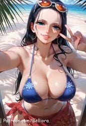 ai_generated bare_shoulders belliora bikini black_hair blue_eyes blush breasts cameltoe closed_mouth clothing eyewear_on_head female female female_only forehead frilled_bikini frills hair_slicked_back large_breasts long_hair looking_at_viewer navel nico_robin off_shoulder one_piece simple_background smile solo split standing standing_split stomach sunglasses swim_ring swimsuit thighs uncensored
