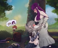 1boy 2d_(artwork) 2girls blowjob blush clothing cock_ring cum cum_in_mouth cum_on_face cumflated_belly cumflation dick drooling fern_(sousou_no_frieren) fishnets forest frieren futa_on_futa futanari goth precum public removed_clothing ripped_clothing sousou_no_frieren stark_(sousou_no_frieren) sweat