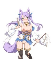 animal_ears bell blush boots breasts breasts_out embarrassed fox_ears fox_girl fox_miko_(sakura_dungeon) fox_tail green_eyes highres japanese_clothes neck_bell official_art ofuda purple_hair sakura_dungeon sprite tail talisman thigh_boots transparent_background twintails wanaca