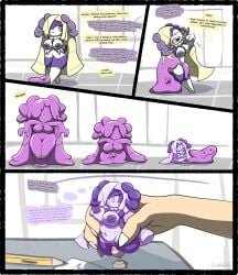 blonde_hair chabble ditto ditto_(pokemon) fangs green_eyes indeedee just_the_tip limbless lusamine_(pokemon) no_limbs onahole onahole_transformation pokemon pokemon_(species) pokemon_sm purple_body rubberization transformation transformation_sequence