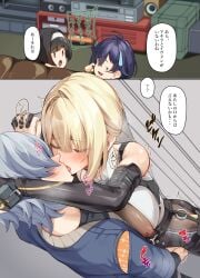 1boy 3girls absurdres astra_yao belle_(zenless_zone_zero) black_hair blonde_hair blue_hair comic evelyn_chevalier french_kiss gloves grey_hair highres kissing multiple_girls nipples see-through_clothes translation_request white-paka wise_(zenless_zone_zero) zenless_zone_zero