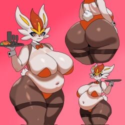 1girls anthro ass belly belly_overhang big_ass big_belly big_breasts bowtie breasts breasts_bigger_than_head bubble_butt bunnysuit chubby chubby_female cinderace cleavage cuff_links exposed_torso eyelashes fat fat_female female female_only furry game_freak gloves head_tuft lagomorph legwear leotard love_handles midriff muffin_top multiple_views navel nintendo overweight overweight_female pasties playboy_bunny pokemon pokemon_(species) rabbit red_eyes red_hair serving_tray solo supbunny_ly three-quarter_portrait yapbunny