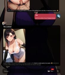 ai_generated bangs bare_shoulders bent_over black_gloves black_hair blush breasts cleavage closed_mouth collarbone earrings elbow_gloves elbow_pads female final_fantasy final_fantasy_vii final_fantasy_vii_remake fingerless_gloves gloves hanging_breasts indoors jewelry large_breasts long_hair looking_at_viewer low-tied_long_hair red_eyes see-through shirt sleeveless smile solo square_enix sweat tank_top taut_clothes taut_shirt thighs tifa_lockhart very_long_hair white_shirt white_tank_top