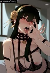 1girls ai_generated big_breasts black_dress black_hair black_lingerie black_panties breasts fellatio fellatio_gesture female nutality red_eyes spy_x_family thorn_princess tongue tongue_out yor_briar yor_forger