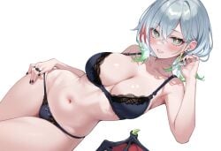 1girls abdomen ai_generated bangs bare_arms black_fingernails blush bra curvy diabellestarr_the_dark_witch diabellstar_the_black_witch duel_monster female green_eyes green_hair hi_res hips huge_breasts konami looking_at_viewer lying multicolored_hair navel painted_nails pose red_hair short_hair silver_hair solo squirtle0007 thighhighs thighs underwear white_background younger_female yu-gi-oh!