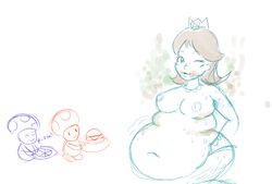 1girls 2boys artist_request belly big_belly breasts brown_hair fat female female_focus female_leg_hair food leg_hair male mario_(series) multiple_boys nipples overweight princess_daisy simple_background slob smell smile standing sweat toad_(mario) topless white_background wink