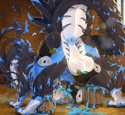 anora_drakon anus ass ass_up balls big_butt black_body black_feathers black_fur blue_anus blue_body blue_claws blue_cum blue_eyes blue_fur blue_pawpads bodily_fluids bucket claws colored_cum container cum cum_in_bucket cum_in_container dragon erection feathers feral fur furred_dragon furred_scalie genital_fluids genitals hi_res loose_anus male male_only mythological_creature mythological_scalie mythology pawpads perineum puffy_anus raised_tail scalie solo tail unusual_bodily_fluids unusual_cum unusual_genital_fluids white_body white_fur