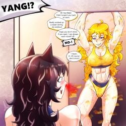 2girls abs black_hair blake_belladonna blonde_hair bra canon_couple cat_ears cat_girl dinotits english_text gym_clothes hentai long_hair nose_bleed panties rwby self_upload sports_bra sweat tagme text toned_female yang_xiao_long yuri yuri