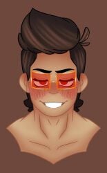 bedroom_eyes blush blush blush_lines blushing_at_viewer brown_hair brown_hair_male chance_(date_everything) cowlick dark_brown_hair dark_hair dark_hair_male date_everything glasses red_eyes red_glasses