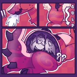 ambiguous_gender anthro anthro_pred belly big_belly big_tail black_teeth black_tongue bovid caprine caprine_demon confusion demon digital_media_(artwork) duo english_text extreme_size_difference freckles fur goat_demon hair hand_on_belly hooves hybrid inside_stomach lying mammal multicolored_body neck_bulge notreallylemonade on_back oral_vore red_body red_fur serpent_(notreallylemonade) size_difference surprise_vore surprised swallowing tail teeth text tongue vore white_hair