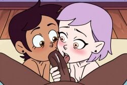 2girls ai_generated amity_blight blowjob brown_body brown_eyes brown_hair interracial intersex landscape licking_penis luz_noceda pointy_ears pov purple_hair stable_diffusion the_owl_house trio trio_focus yellow_eyes