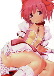 1girls absurdres ass blush bow bubble_skirt closed_mouth collarbone commentary_request female gloves hairbow highres kneehighs looking_at_viewer lying madoka_kaname magical_girl mahou_shoujo_madoka_magica on_side pink_eyes pink_hair red_footwear shoes short_hair short_twintails simple_background skirt smile solo solo_female soul_gem thick_thighs twintails wa_(genryusui) white_background white_gloves white_legwear