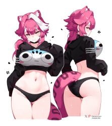 absurdres alternate_costume animal_ears ass black_choker black_hoodie black_lace_trim black_panties breasts cat_ears cat_girl cat_tail center-flap_bangs character_print chattino_(raora_panthera) choker closed_mouth cropped_hoodie cropped_legs extra_ears female gluteal_fold highres hololive hololive_english hood hoodie lace lace-trimmed_panties lace_trim large_breasts long_hair long_sleeves looking_at_viewer median_furrow multicolored_hair multiple_views namiorii navel no_pants panther_ears panther_girl panther_tail panties patreon_username pink_hair print_hoodie raora_panthera simple_background smile stomach streaked_hair tail thigh_gap thighs twitter_username underwear virtual_youtuber white_background white_hair yellow_eyes