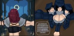 1boy 1futa 2girls ass big_ass black_hair breasts bubble_butt cleavage elden_ring english_text female femboy feminine_male futanari graduation_cap huge_breasts intersex juvenile_scholar lewdcromulo male original_character red_hair robe speech_bubble sweeting