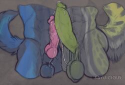 2024 animal_genitalia anthro anthro_on_anthro artist_name balls blue_body blue_fur bodily_fluids dated duo erection excessive_genital_fluids excessive_precum frottage fur genital_fluids genitals green_body green_fur green_penis grey_body grey_fur humanoid_genitalia humanoid_penis hybrid_genitalia hybrid_penis knot knotted_humanoid_penis knotted_penis male male/male murdock_(rayliicious) muscular muscular_anthro muscular_male nude penile penis penises_touching pink_penis precum rayliicious saggy_balls sex sheath simple_background text