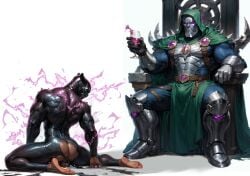 2boys ai_generated armor ass bara barefoot black_bodysuit black_panther_(marvel) clothing dark-skinned_male dark_skin defeated doctor_doom enslaved_royal gem green_clothing hood implied_after_sex kneeling long_penis male marvel mask muscular muscular_male penis servant sitting throne tight_clothing torn_clothes victor_von_doom white_background wine