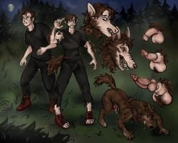 absurd_res all_fours animal_genitalia animal_penis arm_hair ball_tuft balls bared_teeth bodily_fluids body_hair canid canine canine_genitalia canine_penis clothing drooling forest forest_background full_moon fur genitals hi_res human knot knotted_penis male mammal mid_transformation moon mythological_canine mythological_creature mythology nature nature_background notwhatevers open_mouth penis plant saliva sheath solo tail torn_clothing transformation transformation_sequence tree tuft werecanid werecanine werecreature werewolf
