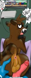 absurd_res anus ass backsack balls cartoon_network casual_nudity dialogue duo electronics game_console gaming genitals hi_res male male/male mordecai_(regular_show) notactuallyhere perineum presenting presenting_hindquarters regular_show rigby_(regular_show) stretching_butt teasing