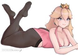 artist_name ass blonde_hair blue_eyes busty cleavage crown feet_up laying_on_stomach leotard light-skinned_female light_skin mario_(series) mourderousx nintendo princess_peach tights white_background