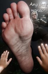 3d braid cd_projekt_red ciri english_text feet feet_fetish feet_focus female foot_fetish giantess hpmw-fan45 light-skinned_female light-skinned_male looking_at_viewer male mascara scar sword text the_witcher_(series) the_witcher_4