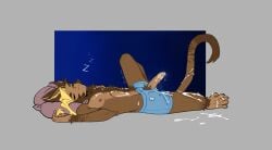 absurd_res anthro bodily_fluids body_hair boxers_(clothing) boxers_only brown_body brown_fur clothed clothing cum cum_on_penis cum_on_self ejaculation foreskin fur genital_fluids genitals hands-free haplorhine happy_trail hi_res loosha_mon male mammal monkey musk penis primate pubes sleeping soji_(3wafers) solo topless underwear underwear_only unretracted_foreskin wet_dream