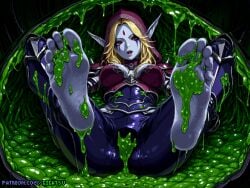ai_generated barefoot blizzard_entertainment feet foot_fetish foot_focus gigatsu pixel_art slime slime_(substance) sole_female soles spread_legs sylvanas_windrunner toes world_of_warcraft