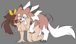 all_fours ambiguous_penetration blush bodily_fluids breasts canid canine claws cum doggy_style duo female female_on_feral female_penetrated feral feral_penetrating from_behind_position fur generation_7_pokemon genital_fluids genitals hair hi_res human human_on_feral interspecies looking_at_viewer lycanroc male male/female male_penetrating male_penetrating_female mammal midday_lycanroc motion_lines nintendo nipples nude penetration penis pokemon pokemon_(species) pokephilia sex shinyumbre simple_background sweat tail tongue tongue_out white_body white_fur zoophilia