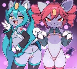 2girls absurdres alolan_meowth anus ass black_thighhighs blue_hair breasts cleft_of_venus crotchless crotchless_panties detached_sleeves drill_hair fang_out fangs furrification furry hatsune_miku highres ineeda kasane_teto long_sleeves looking_at_viewer miniskirt multiple_girls navel nipples oerba_yun_fang open_mouth orange_eyes panties pleated_skirt pokemon pokemon_(species) pussy red_eyes red_hair skirt small_breasts thighhighs twintails underwear utau vocaloid wooper