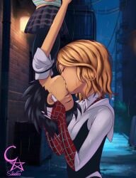 2girls black_hair blonde_hair cockstar_studios female female_only gwen_stacy gwen_stacy_(spider-verse) kissing lesbian marvel multiple_girls outdoors peni_parker spider-man:_into_the_spider-verse spider-man_(series) upside-down upside-down_kiss yuri