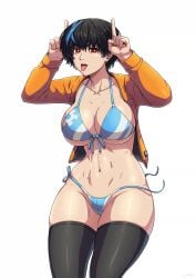 belly bikini black_hair breasts guilty_gear guilty_gear_strive large_breasts law_nashor_art looking_at_viewer short_hair swimsuit thick_thighs thighs tongue tongue_out unika(guilty_gear) unika_(guilty_gear) white_background