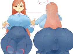 1girls ass ass_in_dress ass_shot backboob bent_over big_ass big_breasts black_eyes blue_dress blue_shirt bottomwear breasts brown_hair clothing dat_ass dress female female_only glasses hair hips huge_ass huge_breasts inklingloe kindergarten_(game) kindergarten_3 long_hair mature mature_female ms._lovelett multiple_views object_in_ass on_stomach pout pouting shirt solo solo_female teacher topwear wide_hips